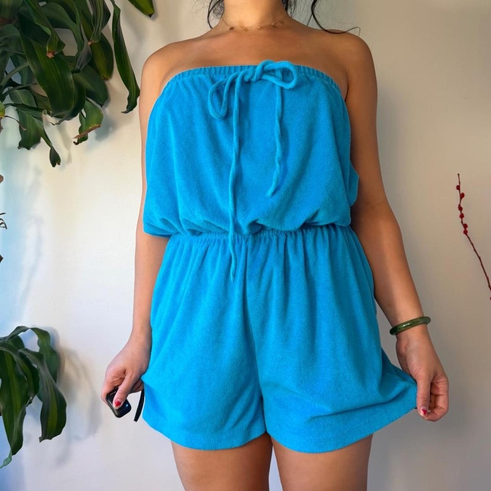 Tropical Escape Vintage 90s Teal Terrycloth Beach Romper Coverup Blue L